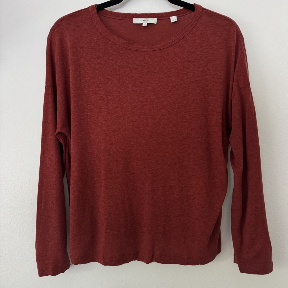 VINCE Womens XS Long Sleeve Tee Shirt Rust Orange Oversized Distressed Tencel